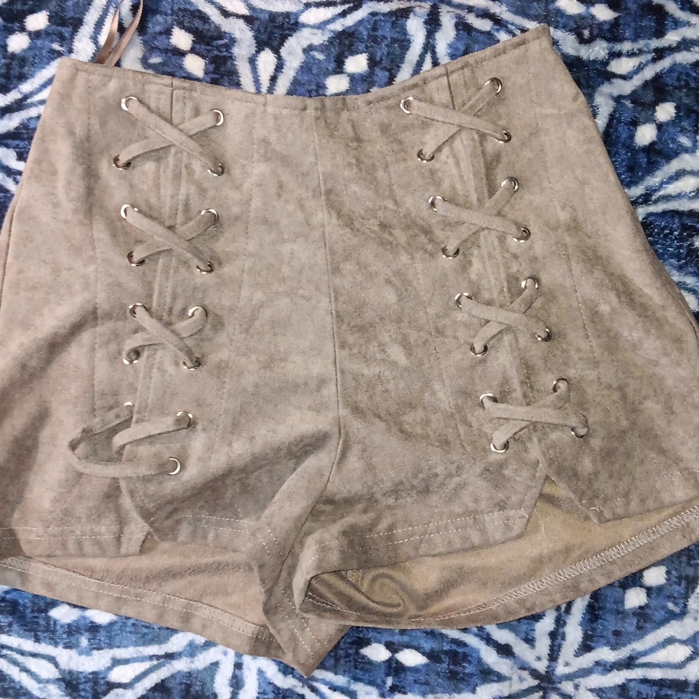 Small suede tie up front shorts with side zipper olive green